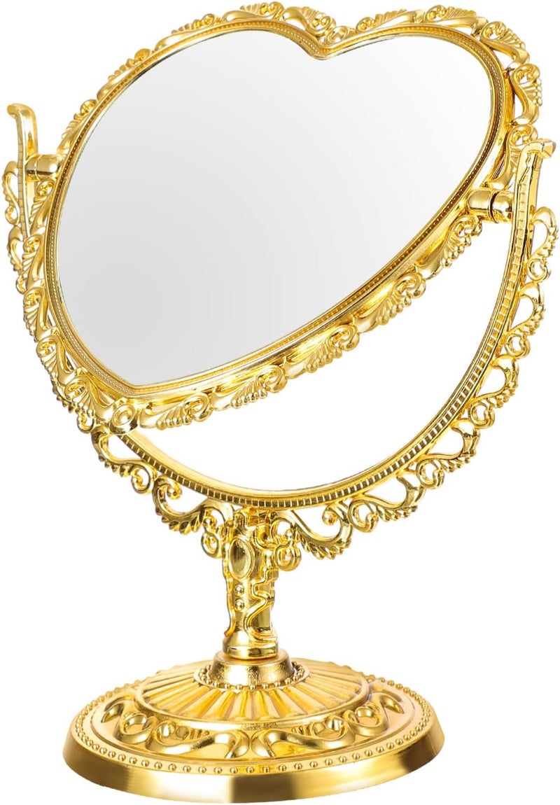 Lurrose Desktop Cute Stuff Makeup Mirror Retro Heart Shape Tabletop Vanity Cosmetic Mirror Rotating Standing Cosmetic Mirror for Dresser Vanity Desktop Mirrors Bedroom (Golden)