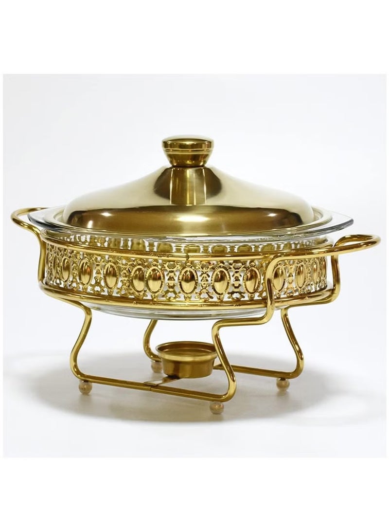 Hihonor 2L Gold Round Chafing Dish Set - Stainless Steel Buffet Food Warmer with Glass Food Pan, Fuel Holder & Lid | For Buffet, Weddings, Parties, Ramadan Gatherings - Image 3
