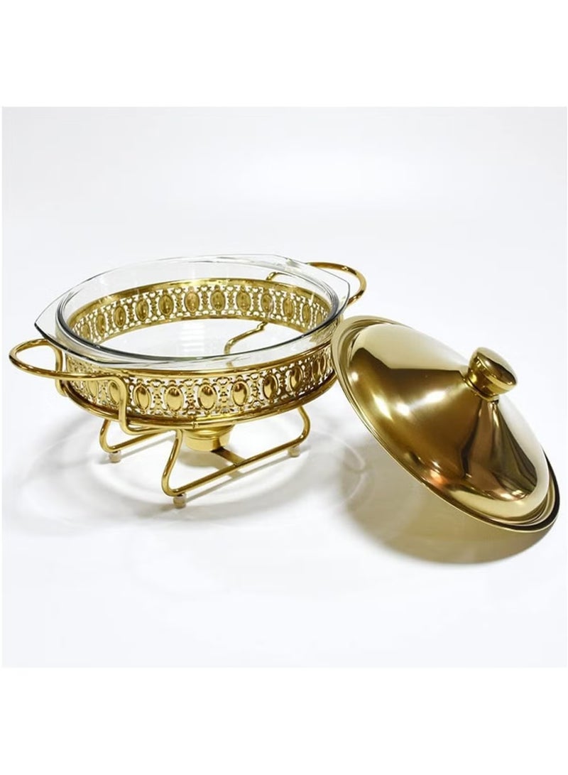 Hihonor 2L Gold Round Chafing Dish Set - Stainless Steel Buffet Food Warmer with Glass Food Pan, Fuel Holder & Lid | For Buffet, Weddings, Parties, Ramadan Gatherings - Image 2
