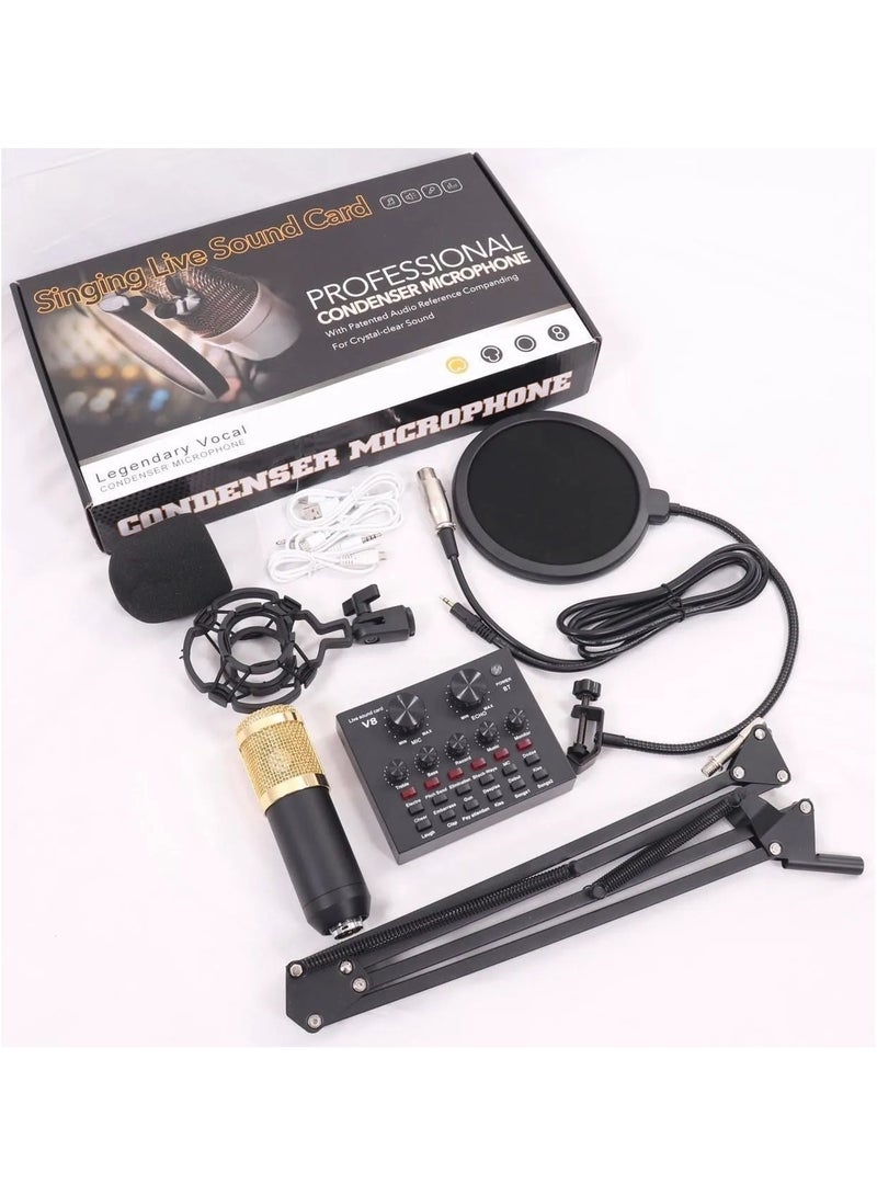 Premium Condenser Mic Bundle: V8 Mixer, Sound Card, Stand, Pop Filter – Perfect for Live Streaming, Gaming, Voice Recording, Singing on Smule & Star Maker 