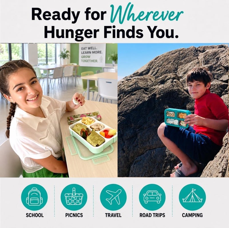 kinsho Bento Lunch Box And Snack Container Set For Kids And Adults - Large 4 & Small 3 Divided Food Compartments - Portion Control Meal Prep - Reusable for School Work Travel - 2 Pack Green Blue Set - Image 4