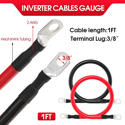 TUELETFU كابل بطارية 2 AWG كابلات عاكس بطارية 2AWG مع لقم 3/8 بوصة مجموعة أسلاك عاكس الطاقة من النحاس النقي للسفن البحرية والقوارب والسيارات والدراجات النارية 2 قطعة (1 قدم) - Image 2