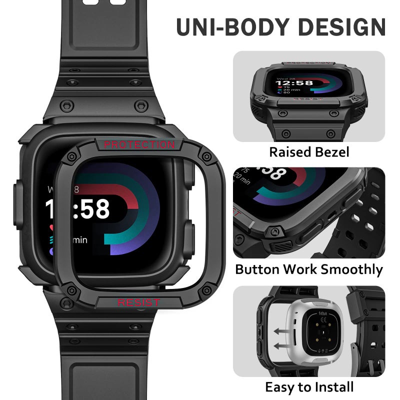 Fintie Bands with Case Compatible with Fitbit Versa 4/3/2/1/Versa Lite/Fitbit Sense 2/Sense, Protective Case Strap Rugged Sport Band Men, Black - Image 3