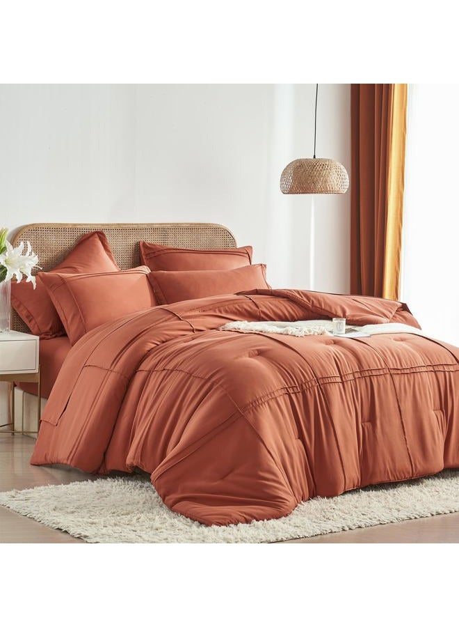Yogeneg Full Size Comforter Set 7 Piece Bed in a Bag,Grid Pinch Pleat Terracotta Bedding Set,Striped Textured Soft Microfiber Comforter with Sheet Set,All Season Complete Bed Set(Terracotta,Full) - Image 1