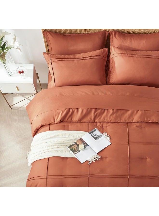 Yogeneg Full Size Comforter Set 7 Piece Bed in a Bag,Grid Pinch Pleat Terracotta Bedding Set,Striped Textured Soft Microfiber Comforter with Sheet Set,All Season Complete Bed Set(Terracotta,Full) - Image 3