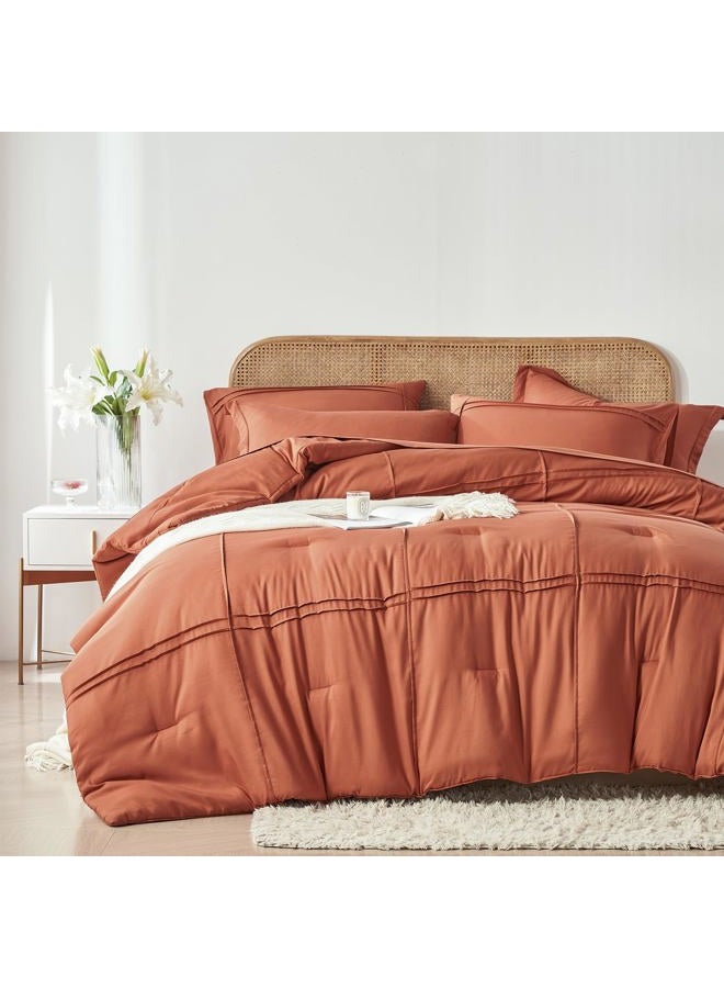 Yogeneg Full Size Comforter Set 7 Piece Bed in a Bag,Grid Pinch Pleat Terracotta Bedding Set,Striped Textured Soft Microfiber Comforter with Sheet Set,All Season Complete Bed Set(Terracotta,Full) - Image 2