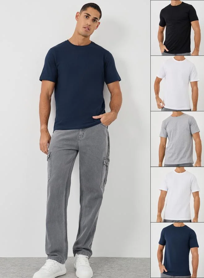 Styli Pack of 5 - Solid Cotton Crew Neck Regular Fit T-Shirt