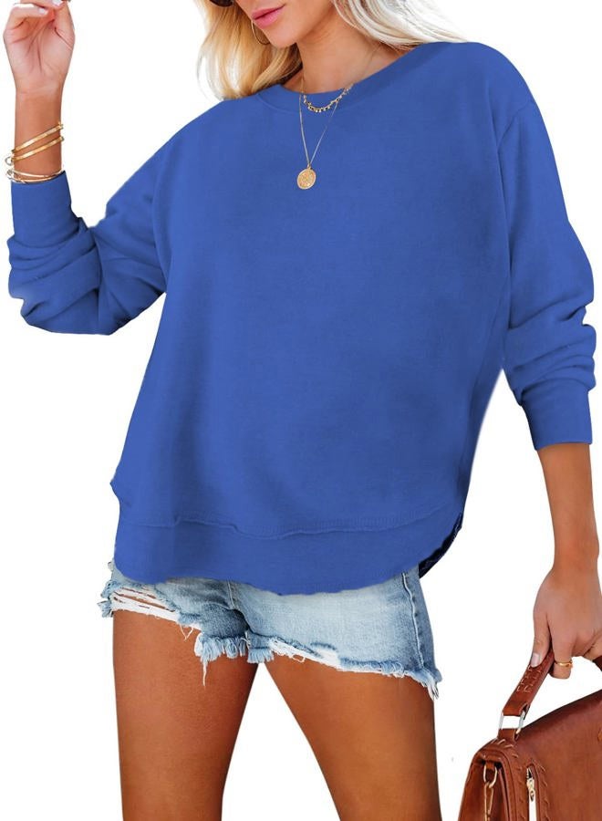 EVALESS Sweatshirt for Women Casual Solid Color Crewneck Long Sleeve Side Split Tops Loose Fit Pullover Shirts, B Blue, M - Image 1
