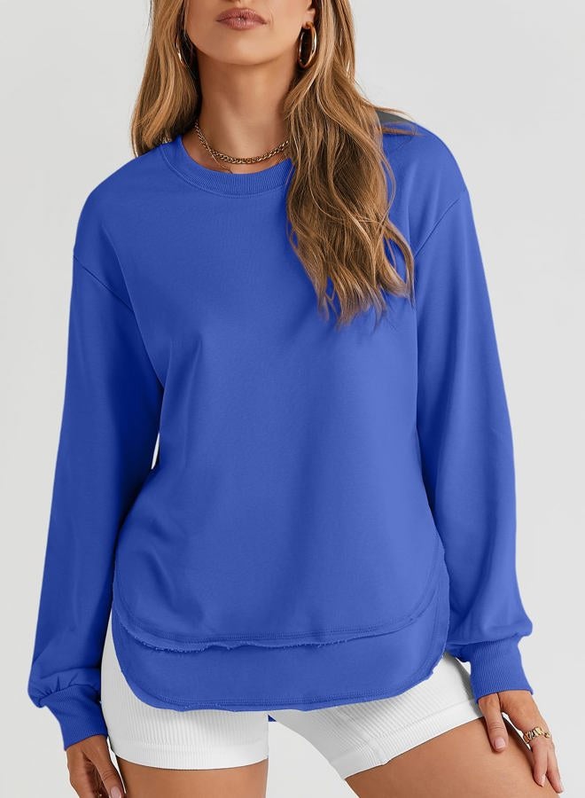 EVALESS Sweatshirt for Women Casual Solid Color Crewneck Long Sleeve Side Split Tops Loose Fit Pullover Shirts, B Blue, M - Image 2
