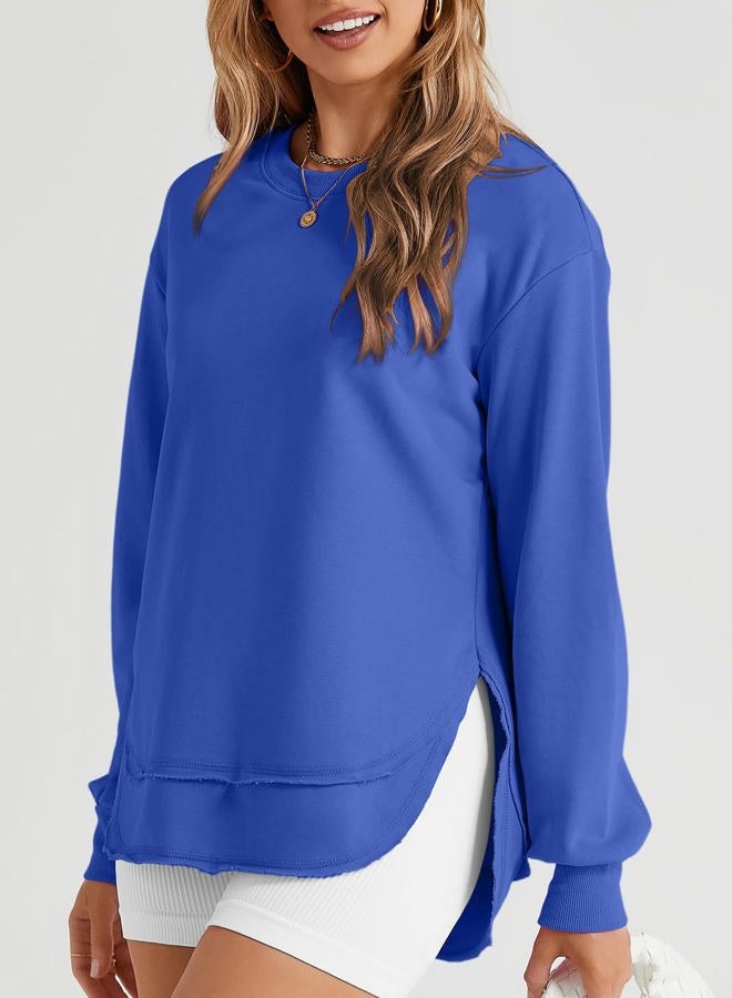 EVALESS Sweatshirt for Women Casual Solid Color Crewneck Long Sleeve Side Split Tops Loose Fit Pullover Shirts, B Blue, M - Image 3
