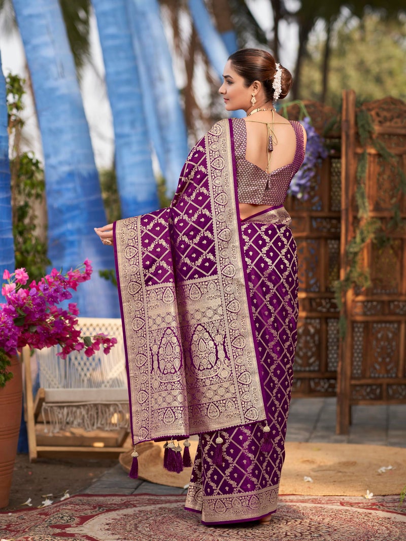 MANOHARI Women's Most Trendy Banarasi Satin Silk Woven Purple Saree With Heavy Jacquard Work Saree With Blouse Piece_MN2000 - Image 4