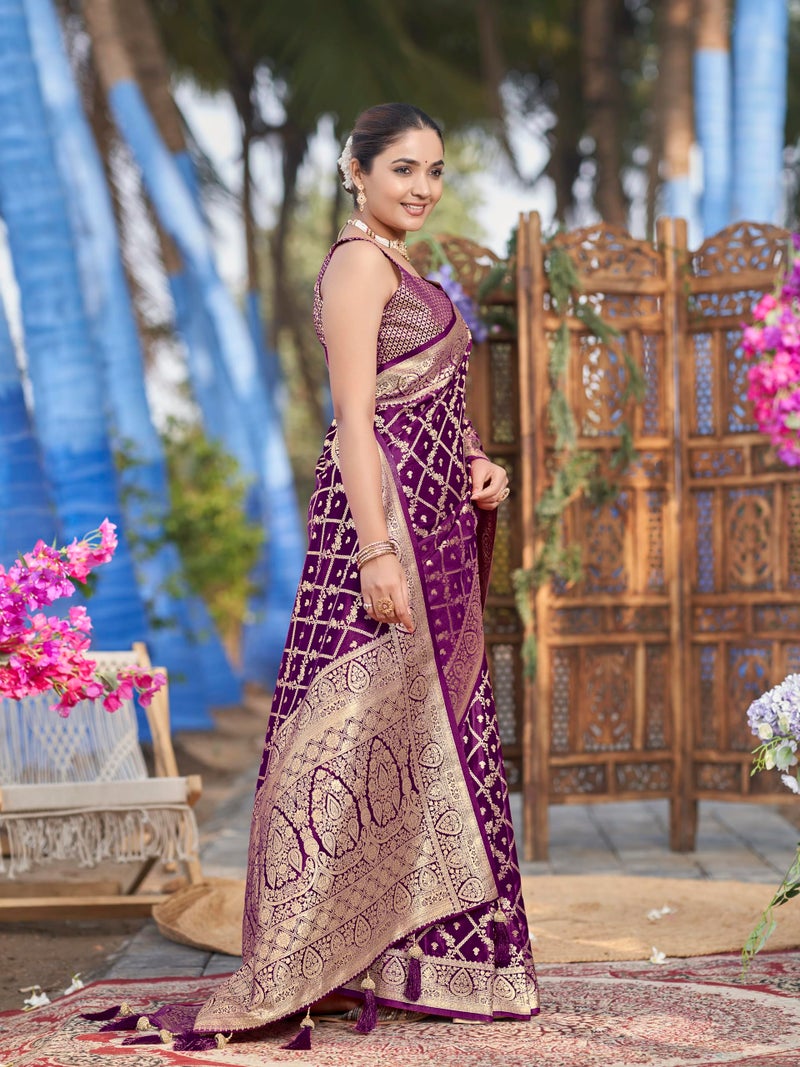 MANOHARI Women's Most Trendy Banarasi Satin Silk Woven Purple Saree With Heavy Jacquard Work Saree With Blouse Piece_MN2000 - Image 5
