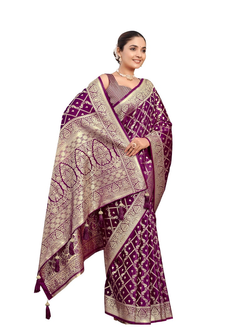 MANOHARI Women's Most Trendy Banarasi Satin Silk Woven Purple Saree With Heavy Jacquard Work Saree With Blouse Piece_MN2000 - Image 1