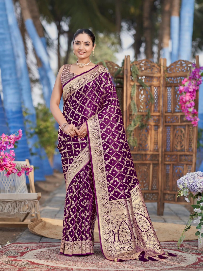 MANOHARI Women's Most Trendy Banarasi Satin Silk Woven Purple Saree With Heavy Jacquard Work Saree With Blouse Piece_MN2000 - Image 2