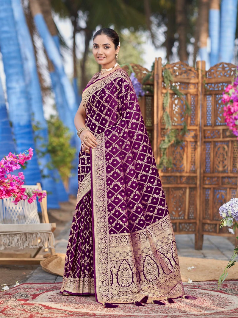 MANOHARI Women's Most Trendy Banarasi Satin Silk Woven Purple Saree With Heavy Jacquard Work Saree With Blouse Piece_MN2000 - Image 3