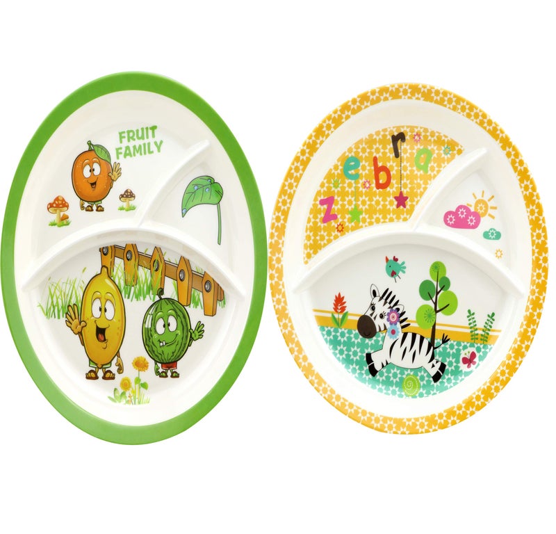 ZIDO 2 Pcs Exclusive Melamine A Grade Quality Partition Plate with Attractive Kids Loving Design Model Fruit Family and Smile Zebra - Image 1