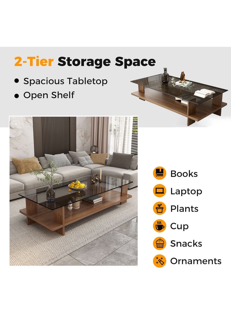 Rawa Rectangular double-tier coffee table, mid-century modern style living room centrepiece, featuring a transparent tempered glass top and walnut-coloured wooden base. This dual-level storage console measures 10cm in length, 50cm in width and 41cm in height, suitable for living rooms or offices. - Image 3