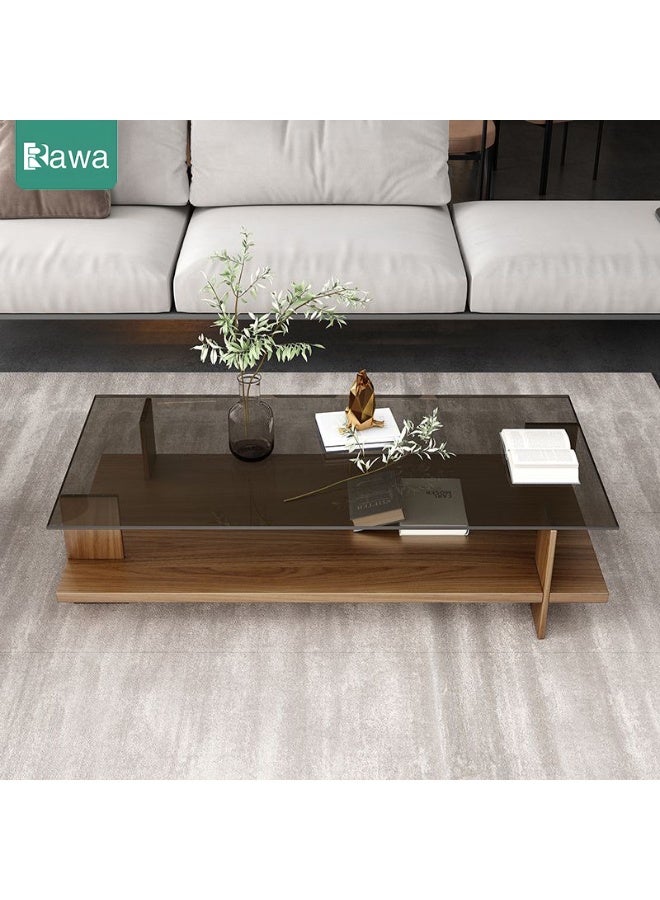 Rawa Rectangular double-tier coffee table, mid-century modern style living room centrepiece, featuring a transparent tempered glass top and walnut-coloured wooden base. This dual-level storage console measures 10cm in length, 50cm in width and 41cm in height, suitable for living rooms or offices. - Image 2
