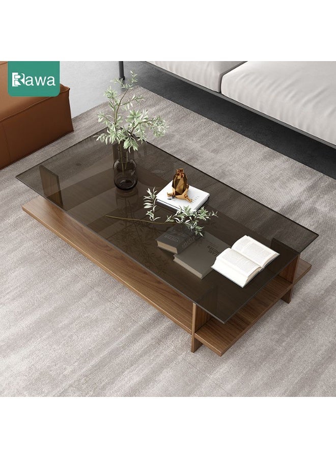 Rawa Rectangular double-tier coffee table, mid-century modern style living room centrepiece, featuring a transparent tempered glass top and walnut-coloured wooden base. This dual-level storage console measures 10cm in length, 50cm in width and 41cm in height, suitable for living rooms or offices. - Image 4