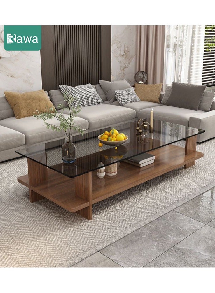 Rawa Rectangular double-tier coffee table, mid-century modern style living room centrepiece, featuring a transparent tempered glass top and walnut-coloured wooden base. This dual-level storage console measures 10cm in length, 50cm in width and 41cm in height, suitable for living rooms or offices. - Image 1