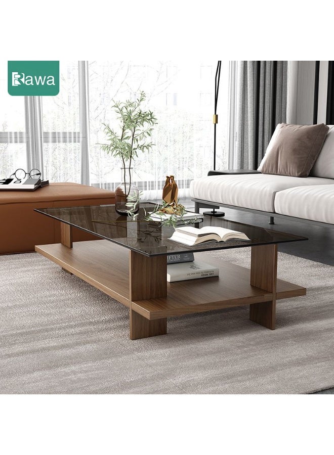 Rawa Rectangular double-tier coffee table, mid-century modern style living room centrepiece, featuring a transparent tempered glass top and walnut-coloured wooden base. This dual-level storage console measures 10cm in length, 50cm in width and 41cm in height, suitable for living rooms or offices. - Image 5