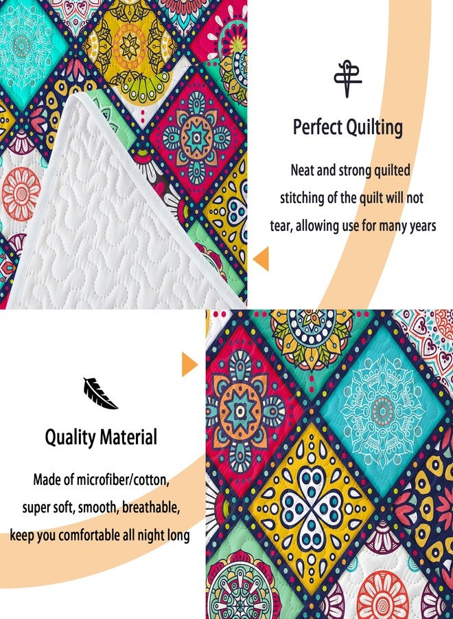 Tyrot 3 Piece Boho Colorful Quilt Set Full/Queen Size Bohemian Reversible Bedding Set Microfiber Lightweight Bedspread Coverlet with 2 Sham Patchwork Mandala Print Bed Covers for All Season, 90''x96'' - Image 4