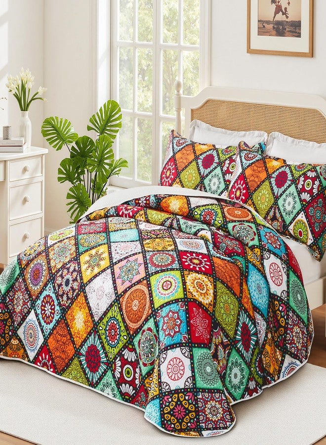Tyrot 3 Piece Boho Colorful Quilt Set Full/Queen Size Bohemian Reversible Bedding Set Microfiber Lightweight Bedspread Coverlet with 2 Sham Patchwork Mandala Print Bed Covers for All Season, 90''x96'' - Image 2