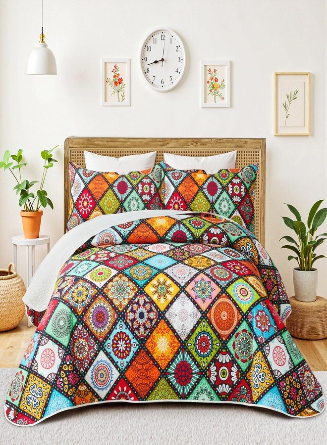 Tyrot 3 Piece Boho Colorful Quilt Set Full/Queen Size Bohemian Reversible Bedding Set Microfiber Lightweight Bedspread Coverlet with 2 Sham Patchwork Mandala Print Bed Covers for All Season, 90''x96'' - Image 1