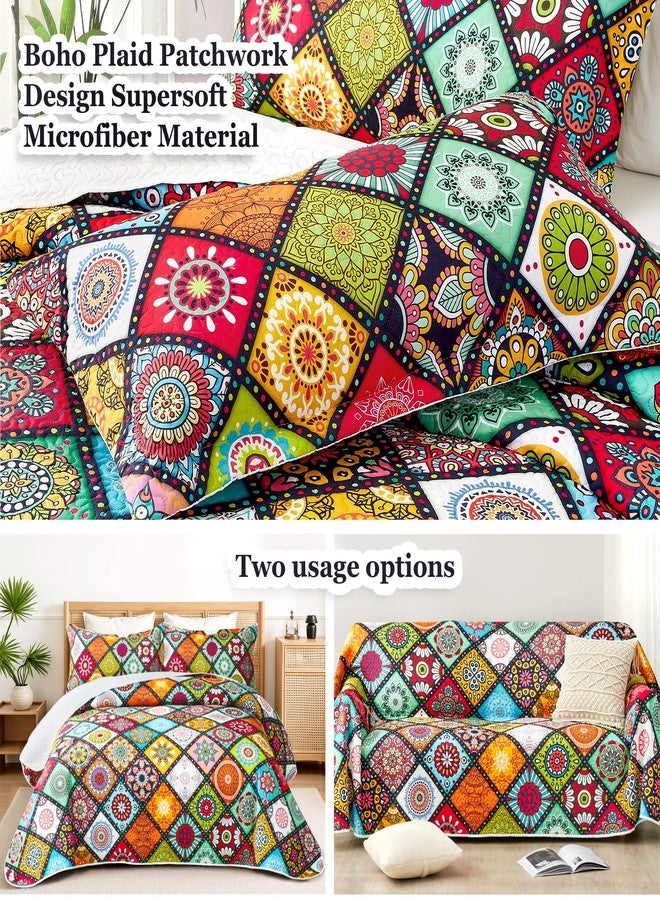 Tyrot 3 Piece Boho Colorful Quilt Set Full/Queen Size Bohemian Reversible Bedding Set Microfiber Lightweight Bedspread Coverlet with 2 Sham Patchwork Mandala Print Bed Covers for All Season, 90''x96'' - Image 3