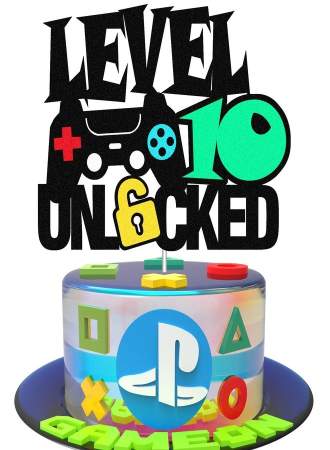Yuezoloz Level Up 10th Birthday Cake Topper - Happy 10th Bday, Double Sided, Video Game Controller Themed Kids Party Supplies - Image 1