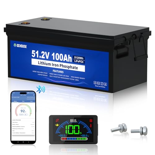 DC HOUSE بطارية جولف كارت DC HOUSE 48V 100Ah، بطارية Lifepo4 مع BMS مدمج 200A، شاشة LCD وتطبيق موبايل بلوتوث، تيار ذروة 700A، بطارية ليثيوم لأكثر من 4000 دورة عميقة لسيارات النادي، عربات الجولف، RV - Image 1