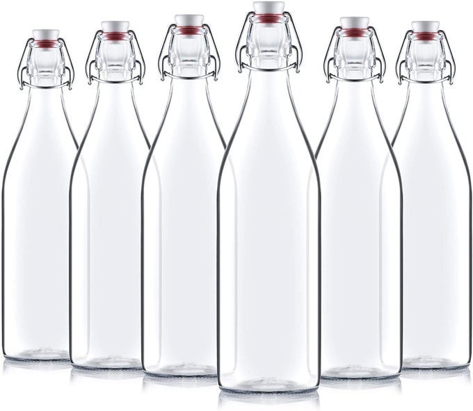 SWING TOP BOTTLES 1 LITER PACK ROUND CLEAR GLASS GROLSCH FLIP TOP BOTTLE WITH STOPPER FOR BEVERAGES SMOOTHIES KEFIR BEER SODA JUICING KOMBUCHA WATER MILK OIL AND VINEGAR SET OF 6