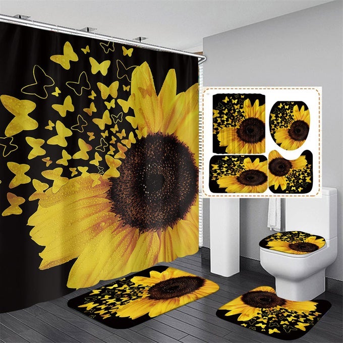 SHOWER CURTAIN SETS WITH RUGS 4 PIECE BUTTERFLY SUNFLOWER BATHROOM SETS DECOR ACCESSORIES INCLUDE NONSLIP RUG TOILET LID COVER BATH MAT AND 12 HOOKS