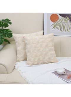 WAOKN Pack of 2 Corduroy Wheat Grain Throw Pillow Covers, 18x18 inches for Living Room Sofa Bed Sofa Decorative Cushion Covers, Soft Striped Square Cushion Cover 45x45 cm, Rustic Boho Home Decor (Off-White)  - Image 2