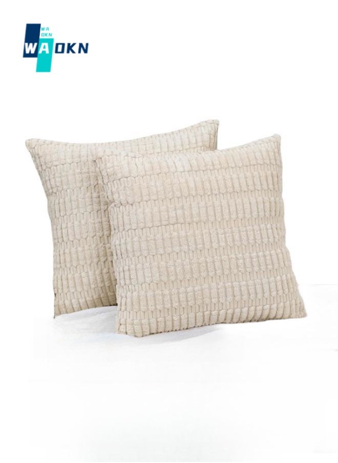 WAOKN Pack of 2 Corduroy Wheat Grain Throw Pillow Covers, 18x18 inches for Living Room Sofa Bed Sofa Decorative Cushion Covers, Soft Striped Square Cushion Cover 45x45 cm, Rustic Boho Home Decor (Off-White)  - Image 1