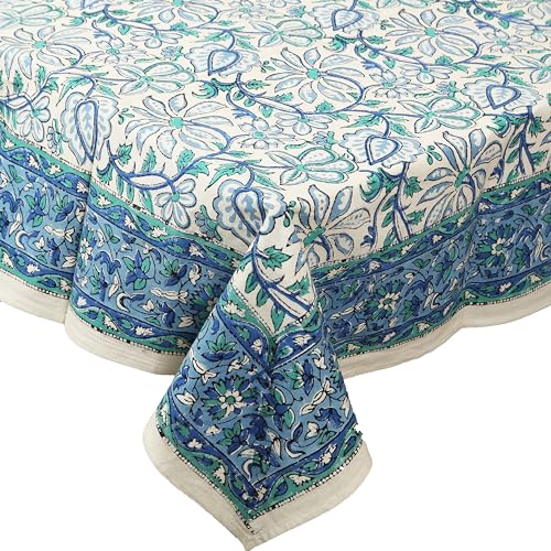 India Arts Hand Block Print Tablecloth 72x72 Square, 100% Cotton Blue Green Floral Table Cloth for Kitchen Dining Linen, Weddings, Holiday Party, Restaurant, Spring/Summer/Fall Home Decor - Image 1