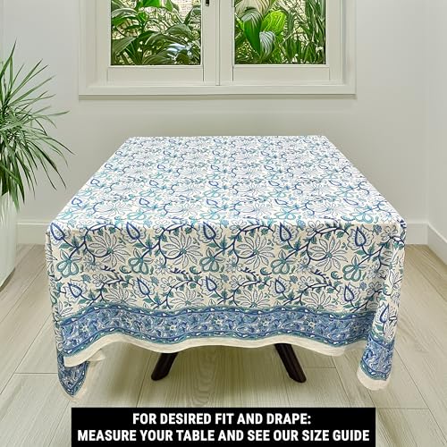 India Arts Hand Block Print Tablecloth 72x72 Square, 100% Cotton Blue Green Floral Table Cloth for Kitchen Dining Linen, Weddings, Holiday Party, Restaurant, Spring/Summer/Fall Home Decor - Image 3