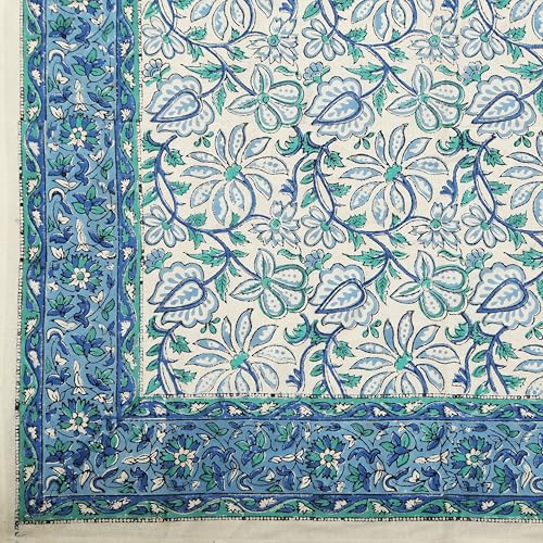 India Arts Hand Block Print Tablecloth 72x72 Square, 100% Cotton Blue Green Floral Table Cloth for Kitchen Dining Linen, Weddings, Holiday Party, Restaurant, Spring/Summer/Fall Home Decor - Image 4