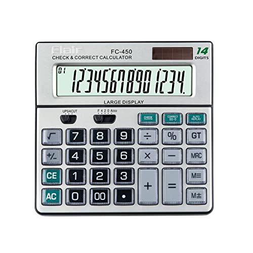 Flair FC-450 Desktop Series Basic Calculator | 14 Digits Calculator | Special Keys with Key Guard | Best Key Layout | Dual Power with Solar | Auto Replay | 99 Steps Check & Correct | Grey, Pack of 1 - Image 1