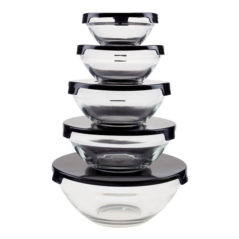 Chef Buddy Glass Food Storage Containers with Snap Lids- 10 Piece Set with Multiple Bowl Sizes for Storage, Meal Prep, Mixing and Serving (Black) - Image 1