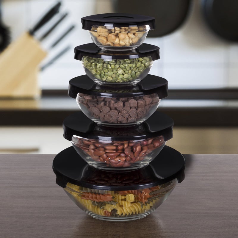 Chef Buddy Glass Food Storage Containers with Snap Lids- 10 Piece Set with Multiple Bowl Sizes for Storage, Meal Prep, Mixing and Serving (Black) - Image 5