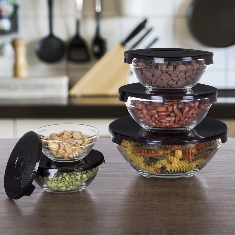 Chef Buddy Glass Food Storage Containers with Snap Lids- 10 Piece Set with Multiple Bowl Sizes for Storage, Meal Prep, Mixing and Serving (Black) - Image 4
