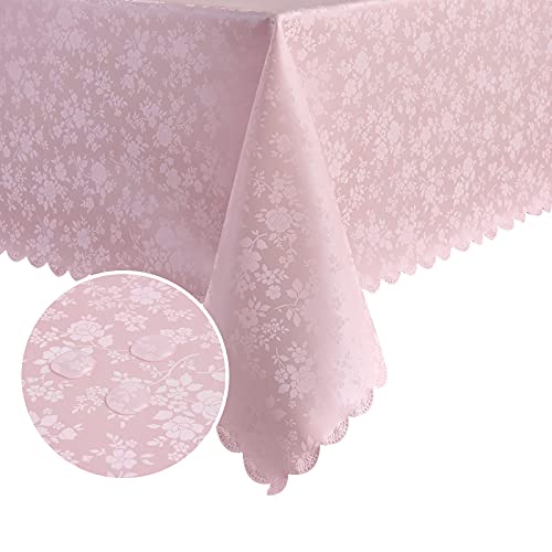 Romanstile Rectangle Vinyl Tablecloth100 Waterproof Heavy Duty Oil Spill Proof Stain Resistant Plastic PU Table Cover with Flannel Backing for Kitchen Dining Rose Pink 60 x 84