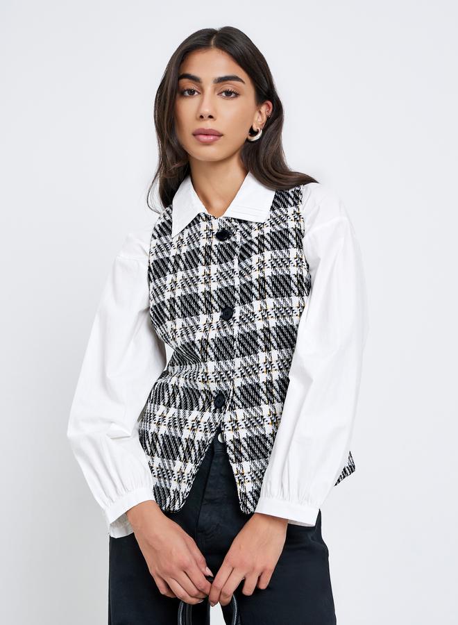 Styli Checked Front Button Sleeveless Waistcoat - Image 1