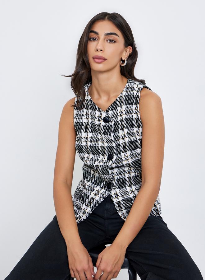 Styli Checked Front Button Sleeveless Waistcoat - Image 3