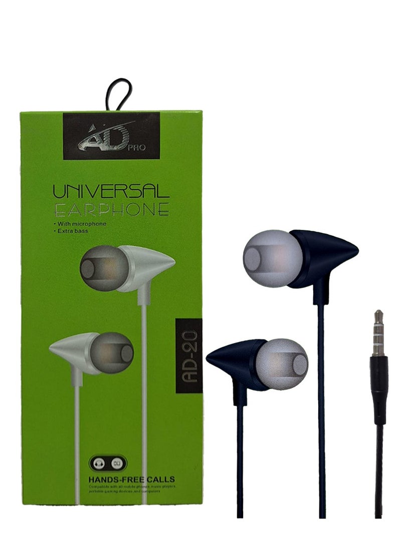 AD-20 wired headphone with microphone for calls, exclusive design and comfortable in-ear shape, featuring sound isolation to control noise