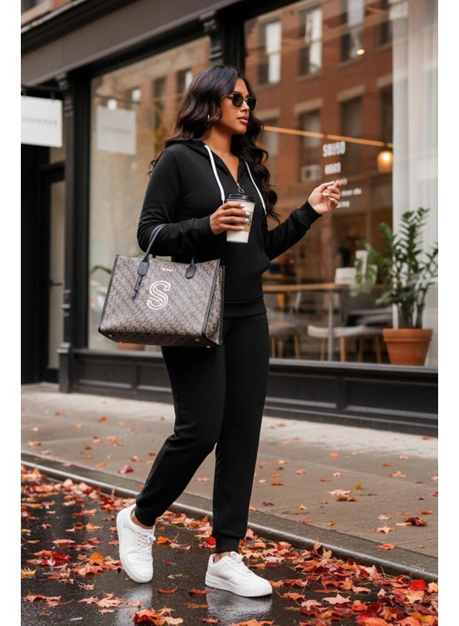 CLOCOR Sweat Suits for Women - Casual 2 Piece Outfits Tracksuit Quarter Zip Hoodie Jogger Sweatpants Matching Set, Black, L - Image 4
