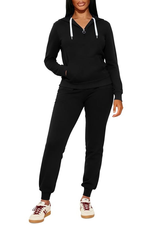 CLOCOR Sweat Suits for Women - Casual 2 Piece Outfits Tracksuit Quarter Zip Hoodie Jogger Sweatpants Matching Set, Black, L - Image 1