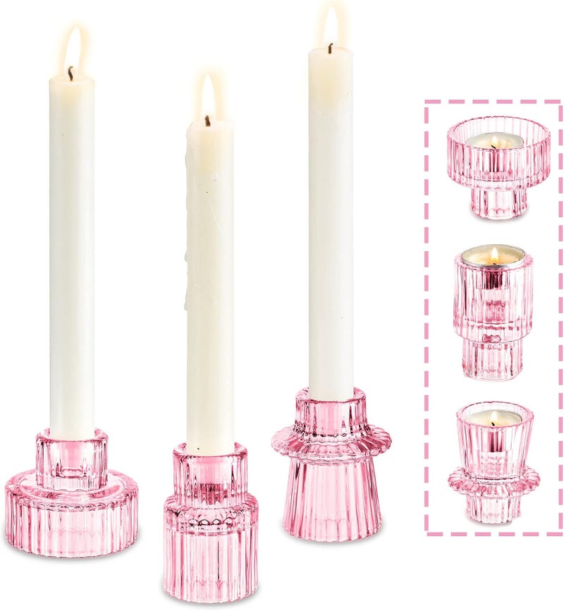 Diwali Festival Tea light Candle Holder 2-in-1 Candlestick - Pink Crystal Glass Decorative Candleholder for Taper/Tea light Candles, Home Decor Dinning Table Centerpiece for Wedding Party, Set of 3