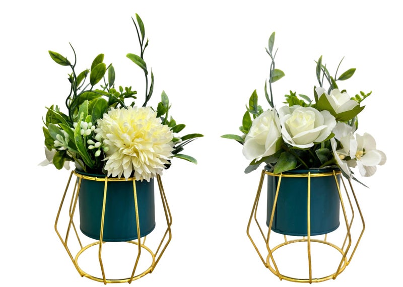 HOME ELEMENTS Tabletop Artificial Flowers in Metal Frame Vase Room Decor Centre Table Showpiece Artificial Flower Pots for Living Room Office New Home Decoration Gift-Roses & Pom-Pom Flower(11.5x20cm) - Image 5